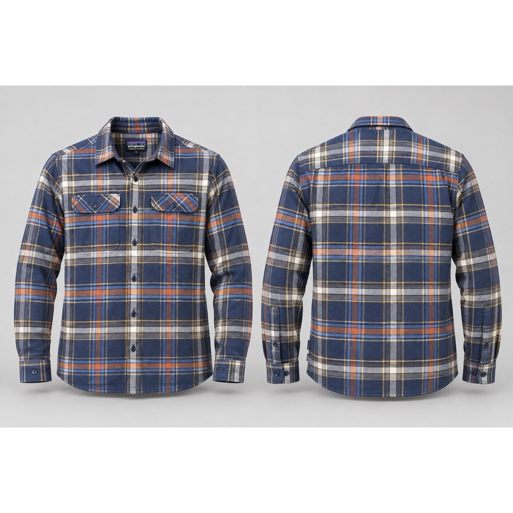 Patagonia Fjord Flannel Medium Blue Orange Plaid Organic Cotton FLAP LUMBERJACK